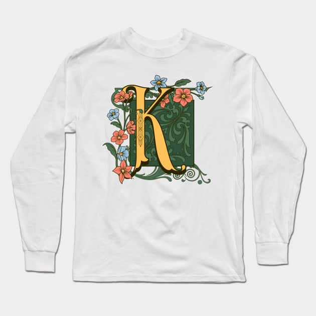 Art Nouveau Letter K, Ornamental Letter K, Art Deco Long Sleeve T-Shirt by Promen Art